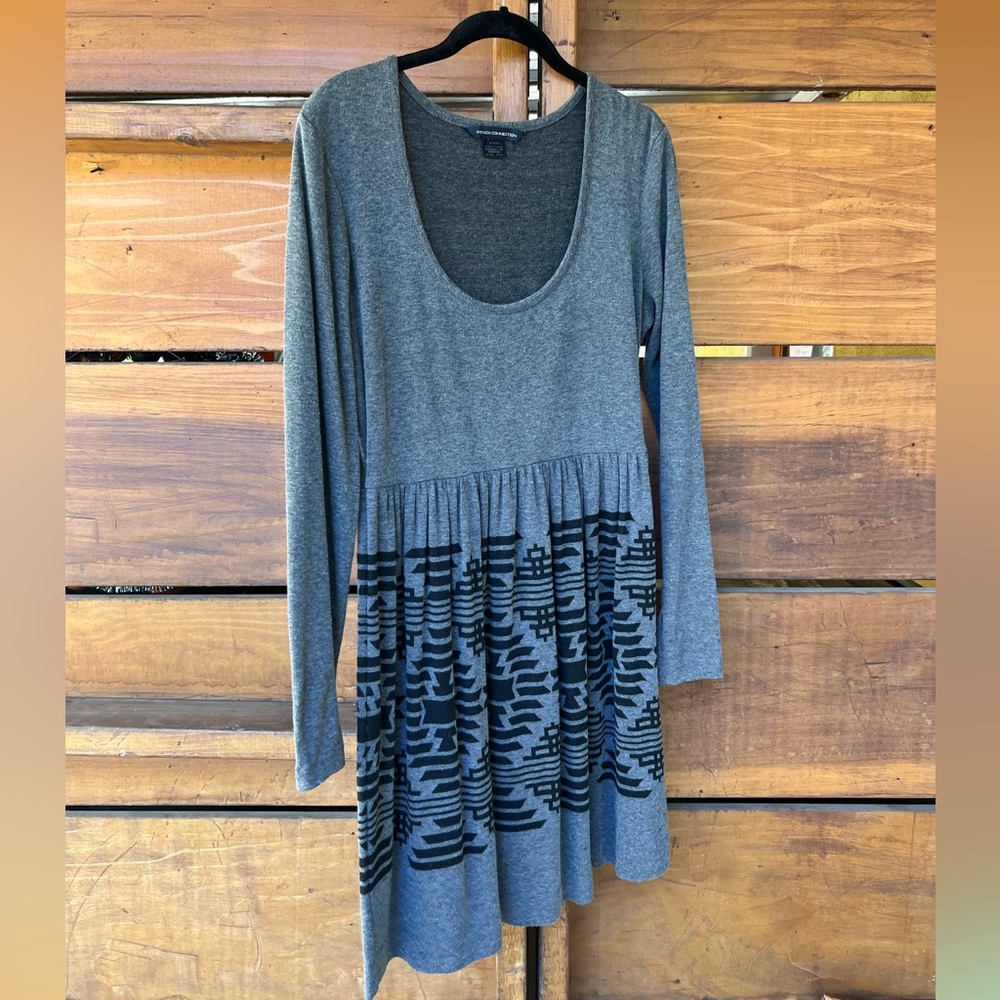 FRENCH CONNECTION / size 12 / Nordic winter print low cut long sleeve gray dress